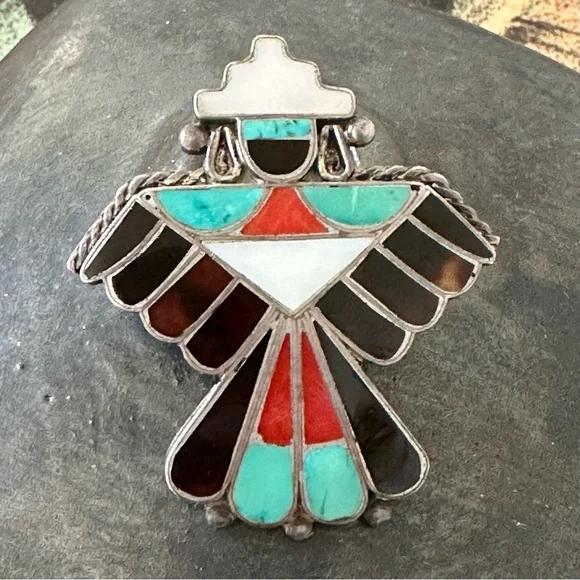 Rare Very Old Vintage Zuni Knifewing Brooch Pin Sterling Silver Inlay Turquoise - Picture 4 of 4